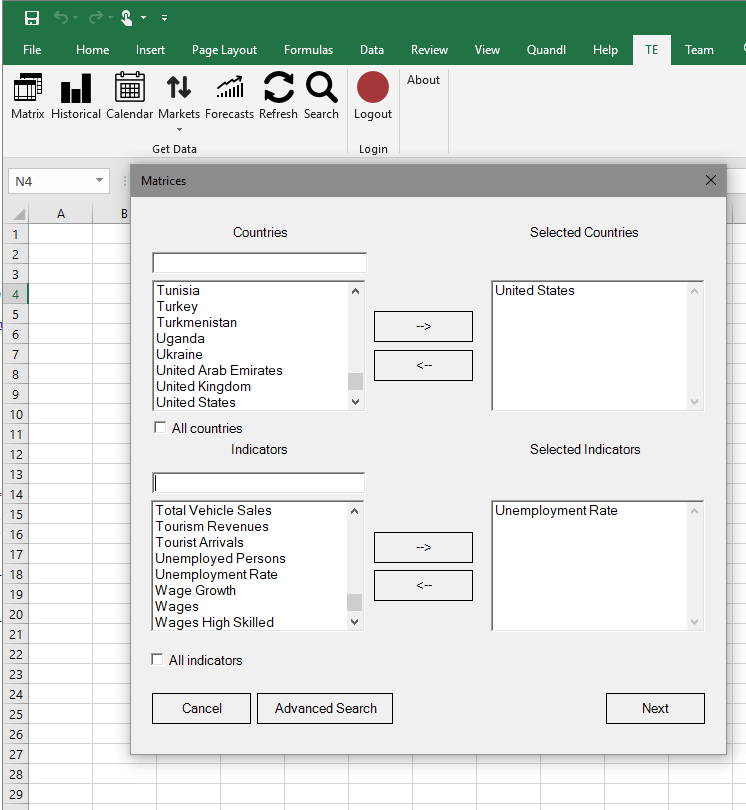 Trading Economics Analytics Excel Addin
