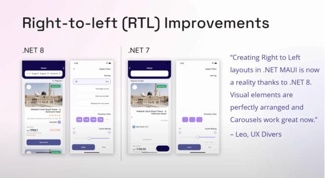 Améliorations de droite à gauche (RTL) : « La création de mises en page de droite à gauche dans .NET MAUI est désormais une réalité grâce à .NET 8. Les éléments visuels sont parfaitement disposés et les carrousels fonctionnent désormais très bien. »  – Léo, plongeurs UX
