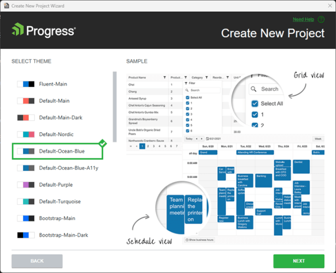 Option Créer un nouveau projet pour sélectionner un thème avec le bleu océan par défaut sélectionné