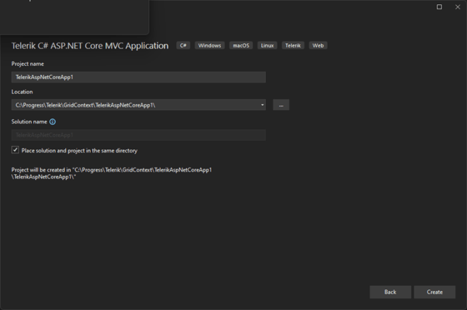 Nom du projet, emplacement, nom de la solution, chemin du fichier