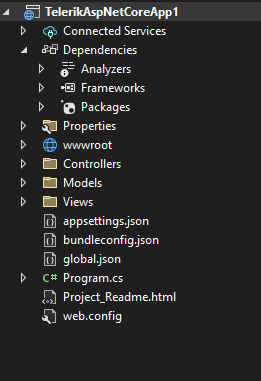 Les fichiers du projet TelerikAspNetCoreApp1 incluent les services connectés, les dépendances, les propriétés, wwwroot, les contrôleurs, les modèles, les vues, program.cs