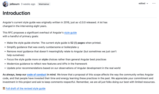 RFC propose une refonte significative du guide de style actuel d'Angular