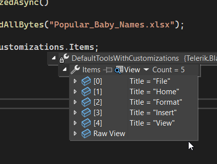 Noms de jeu d'outils standard utilisés dans la feuille de calcul Telerik