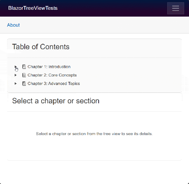 Le contenu de la page correspondante s'affiche lors de la sélection d'un élément dans TreeView