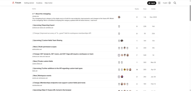 Une capture d'écran du Forum des développeurs Asana, où vit le modificateur. Chaque entrée du forum documente le type de changement et une brève description du changement. Les utilisateurs peuvent cliquer sur chacun pour découvrir les détails.