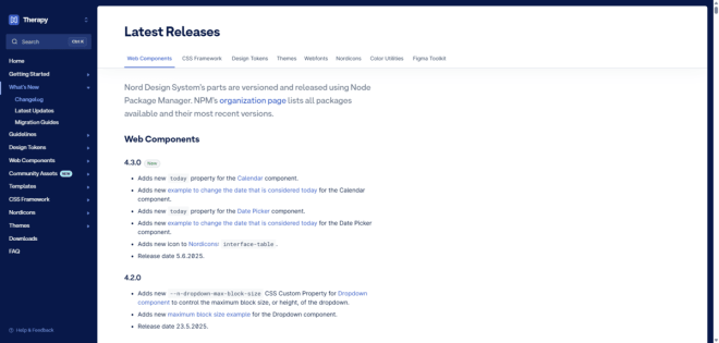 Une capture d'écran du Système de conception Nord Changelog. Ici, nous voyons à quoi ressemble l'onglet Composants Web. À partir de la version 4.3.0, il existe un certain nombre de modifications «Ajouts» suivantes par la «date de sortie 5.6.2025».