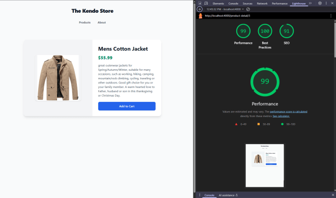 Le score de performance de la page Détails du produit est 99