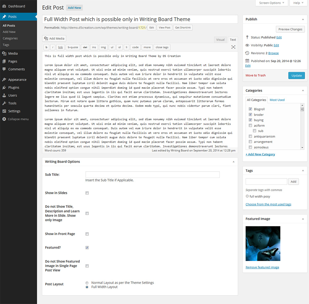 · active theme − in this section . Writing Board - WordPress Tutorial Theme, WP Blog Theme