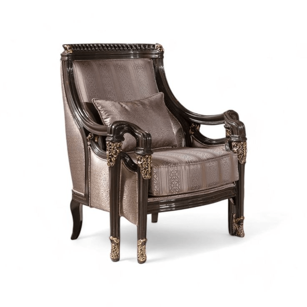 Classic brown and gold sofa with wooden frame