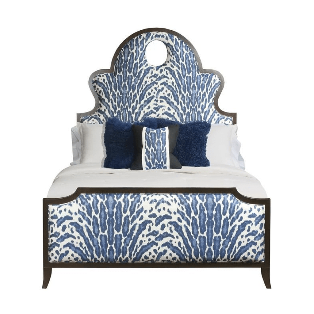 Mid-Century Modern Bed with Blue and White Patterned Fabric