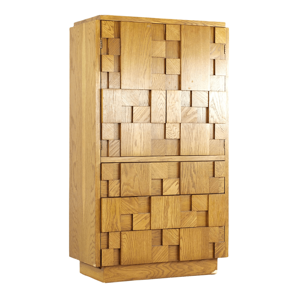 Light Brown Wood Mid-Century Modern Wardrobe with Geometric Pattern