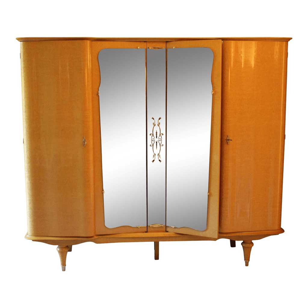 Mid-Century Modern Beige Wood Wardrobe with Mirrored Doors