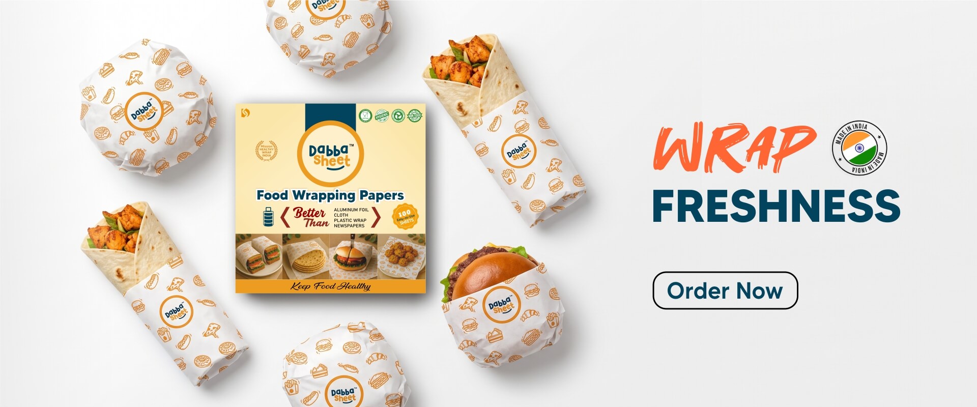 Dabba Sheet food wrapping paper box with sandwiches, burgers and wraps for freshness