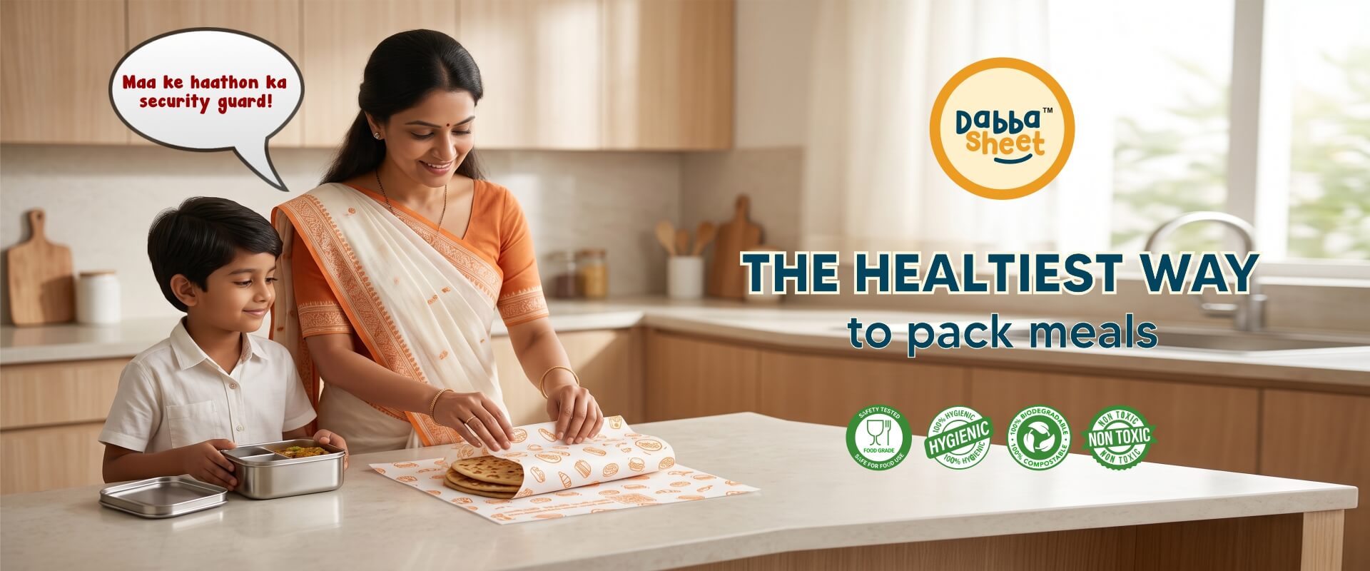 Mother wrapping chapatis in Dabba Sheet food wrapping paper for a hygienic and food-safe meal
