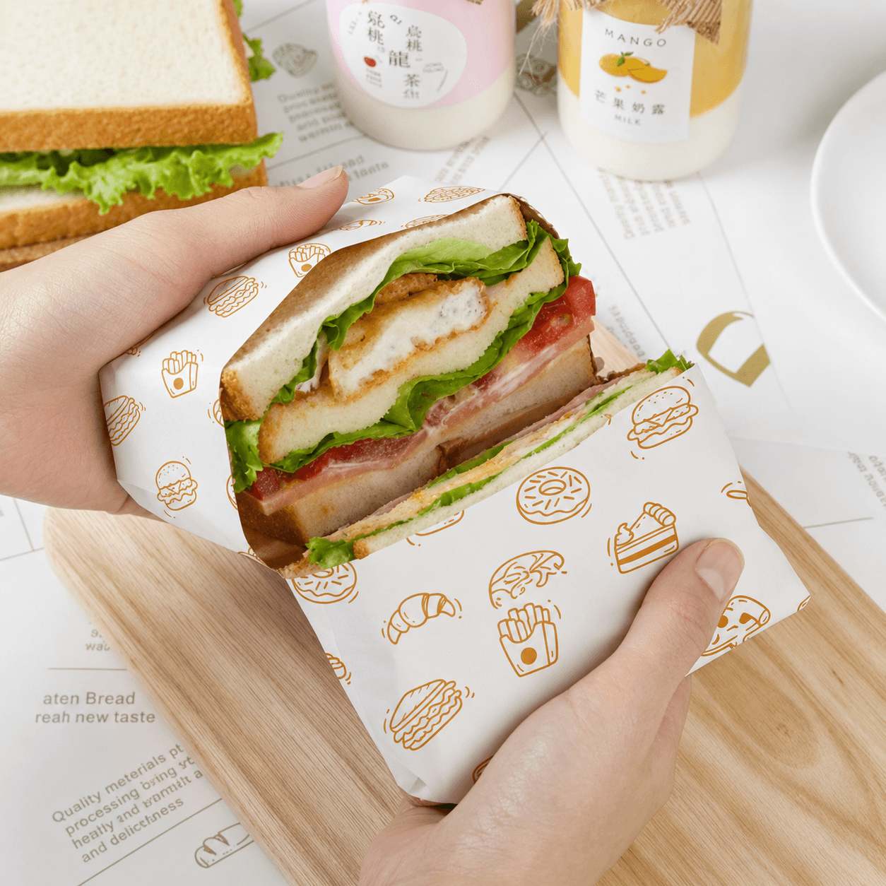 Sandwich wrapped in Dabba Sheet food wrapping paper for hygienic food packing