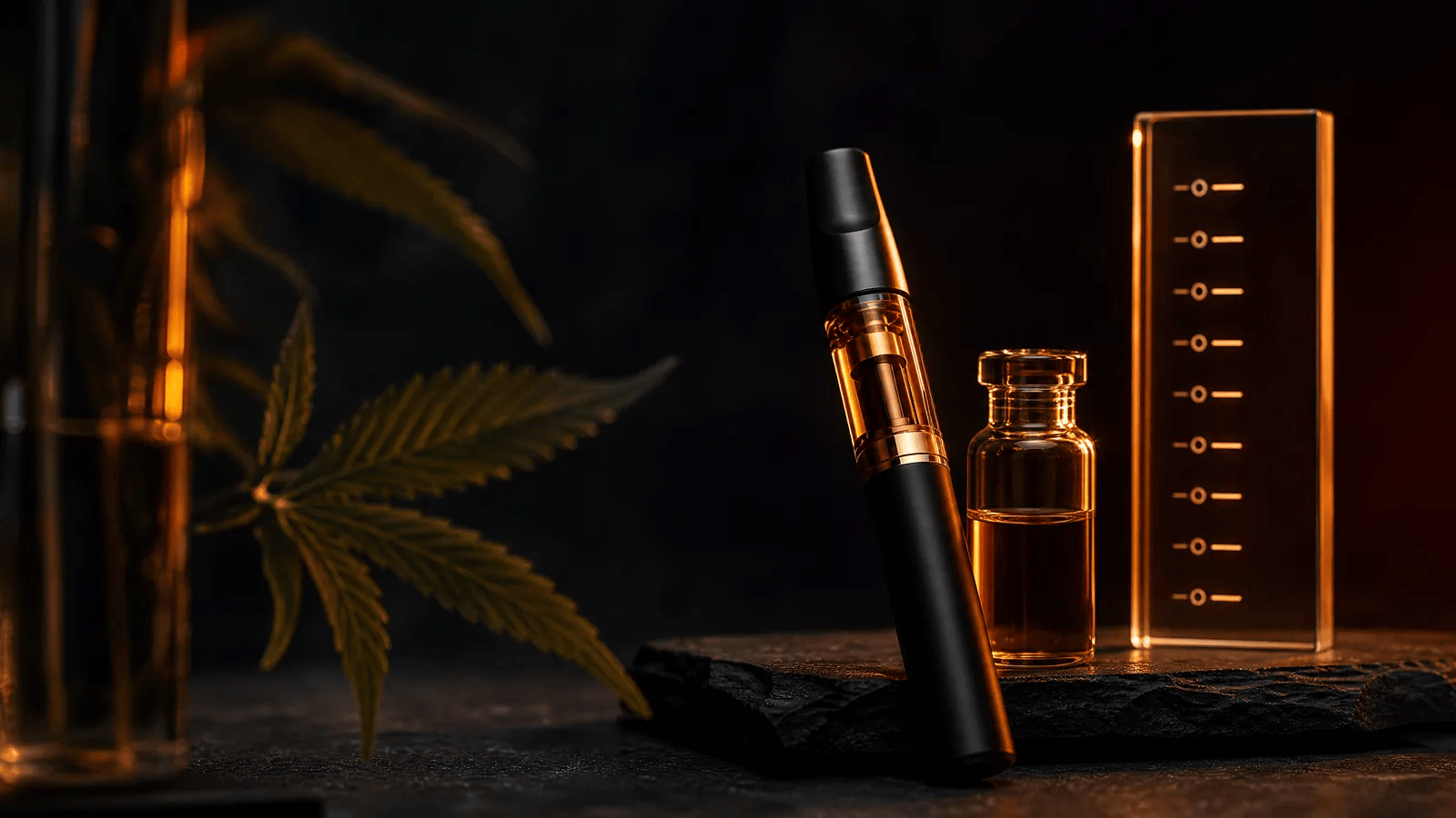 Editorial laboratory cover showing a vape cartridge and a potency measurement setup