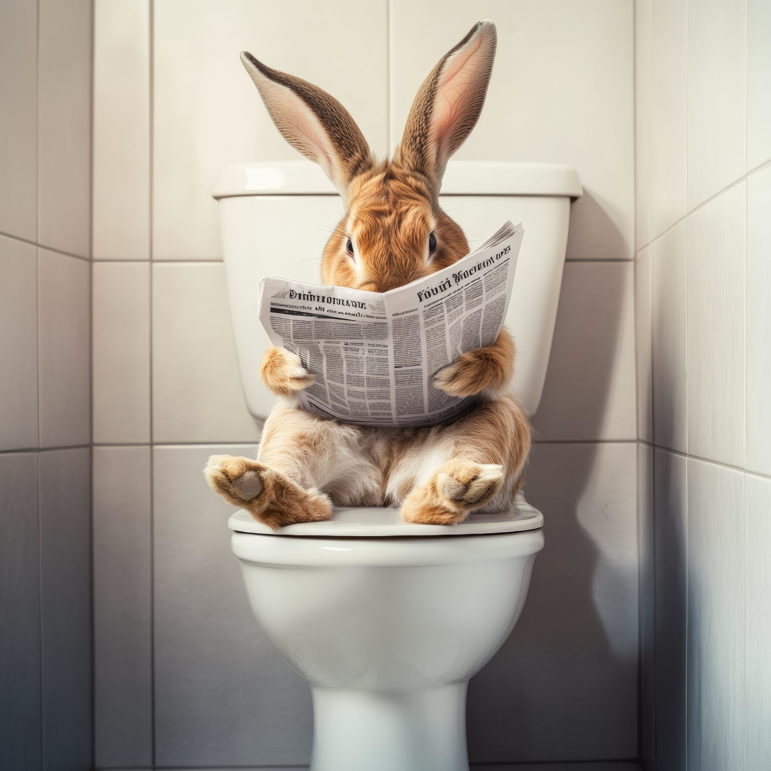 Rabbit Reading Newspaper on Toilet: A humorous image of a fluffy brown rabbit sitting on a toilet, engrossed in reading a newspaper. The scene is both unexpected and amusing.