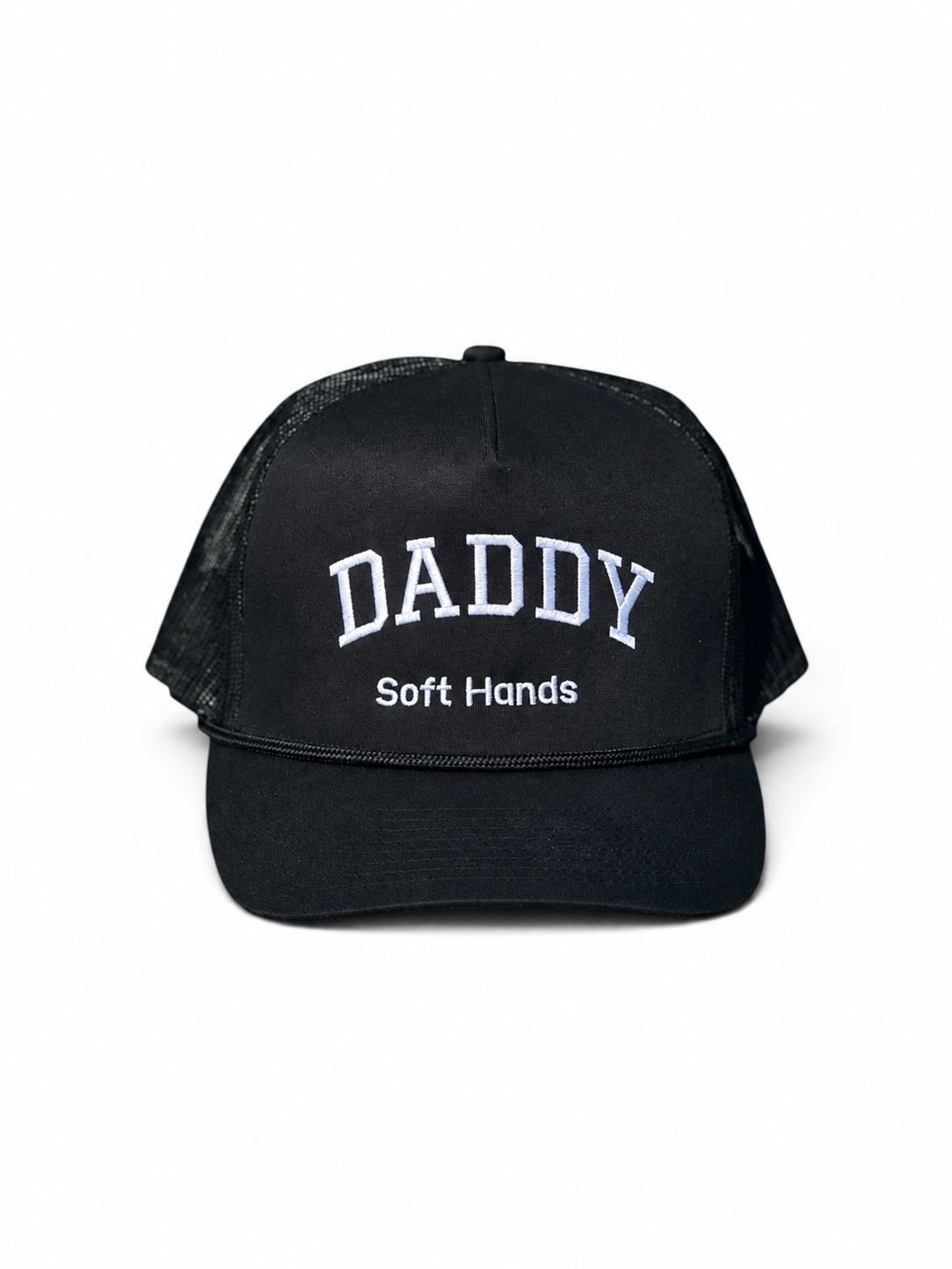 Black with White Letters Bucket Hat – String