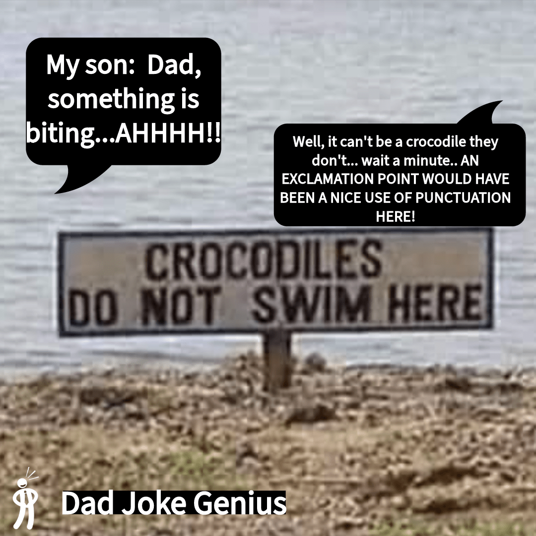 My son: Dad, something is biting...AHHHH!! Well, it can't be a crocodile they don't... wait a minute.. AN EXCLAMATION POINT WOULD HAVE BEEN A NICE USE OF PUNCTUATION HERE!