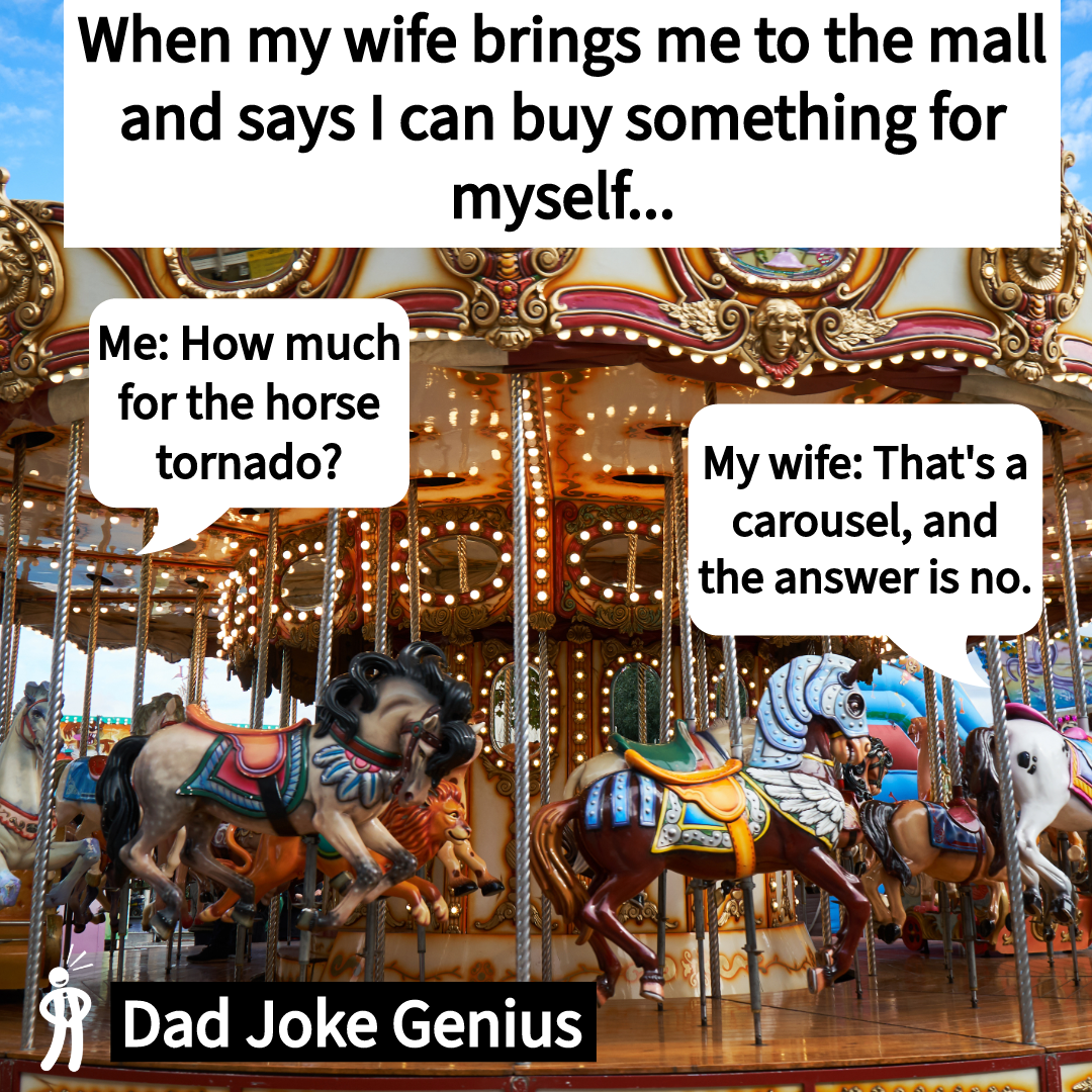 When my wife brings me to the mall and says I can buy something for myself... Me: How much for the horse tornado? My wife: That's a carousel, and the answer is no.
