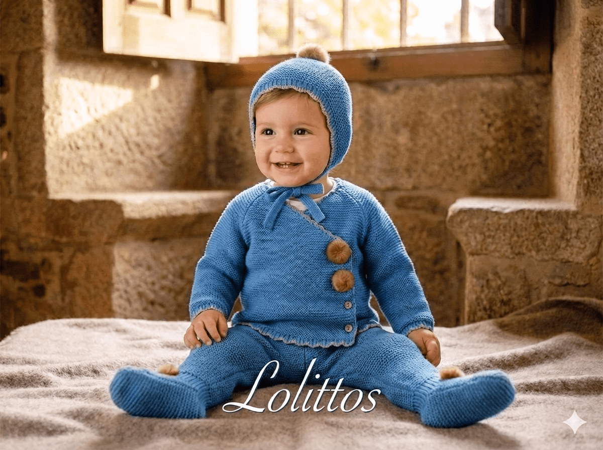LOLITTOS SAUCE Conjunto de jubón y polaina de punto con gorrito celeste oscuro invierno 2026