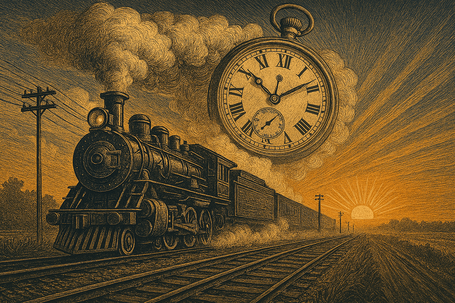 Vintage-style illustration of a steam locomotive steaming down tracks at sunrise, with a large pocket watch face blending into the sky and telegraph poles alongside the rails, showing the mechanical challenge of time that came with building railroads.