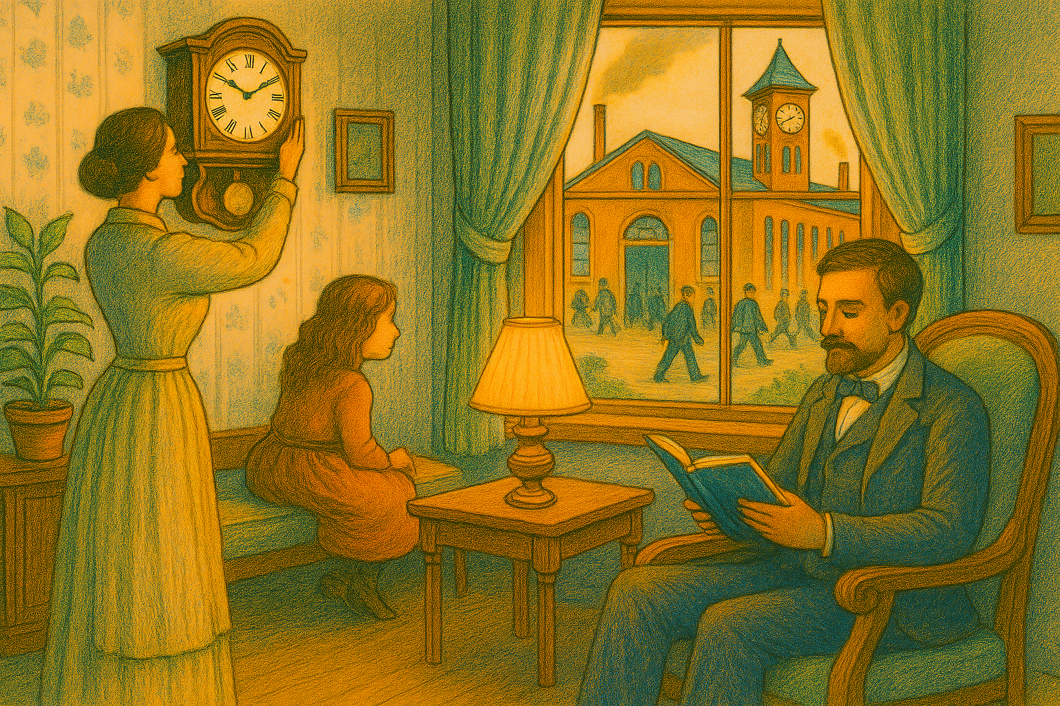 Warm Victorian family scene with a mother adjusting a wall clock and a child watching factory workers pass a clock tower through a window, illustrated in a vintage magazine style. Illustrating that the new clock rules family and factory.
