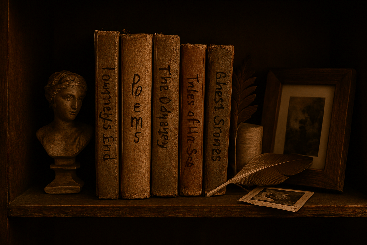 A warmly lit, rustic bookshelf displays a row of vintage books with handwritten titles on worn spines, including “Journey’s End” and “Ghost Stories.” A dried fern leaf is tucked between two volumes. To the left sits a small classical bust sculpture, and to the right, a slightly askew framed black-and-white photo leans against the shelf. A soft quill feather rests in front, adding to the quietly expressive, nostalgic atmosphere.