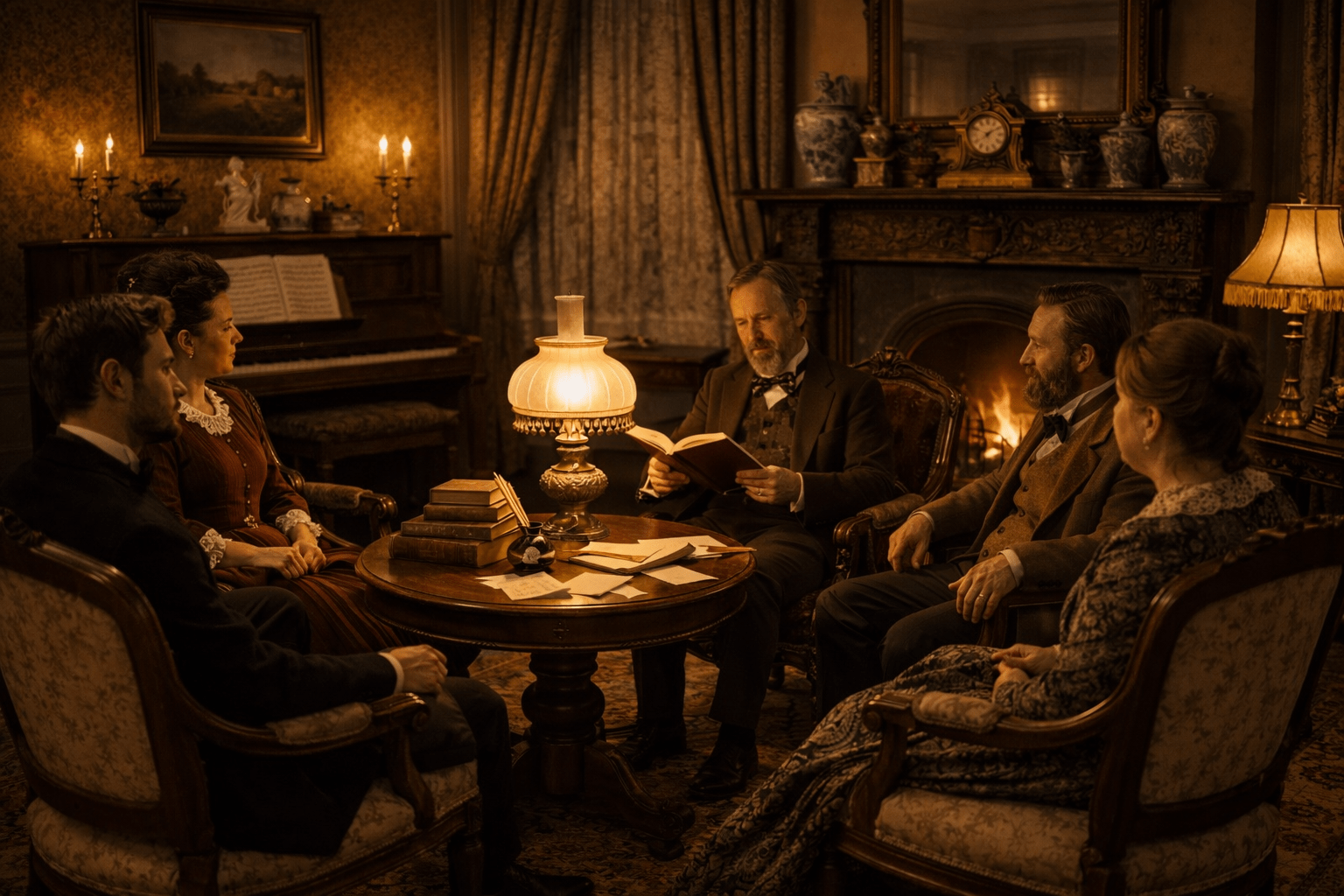 Victorian family gathered in a parlor reading and talking together
