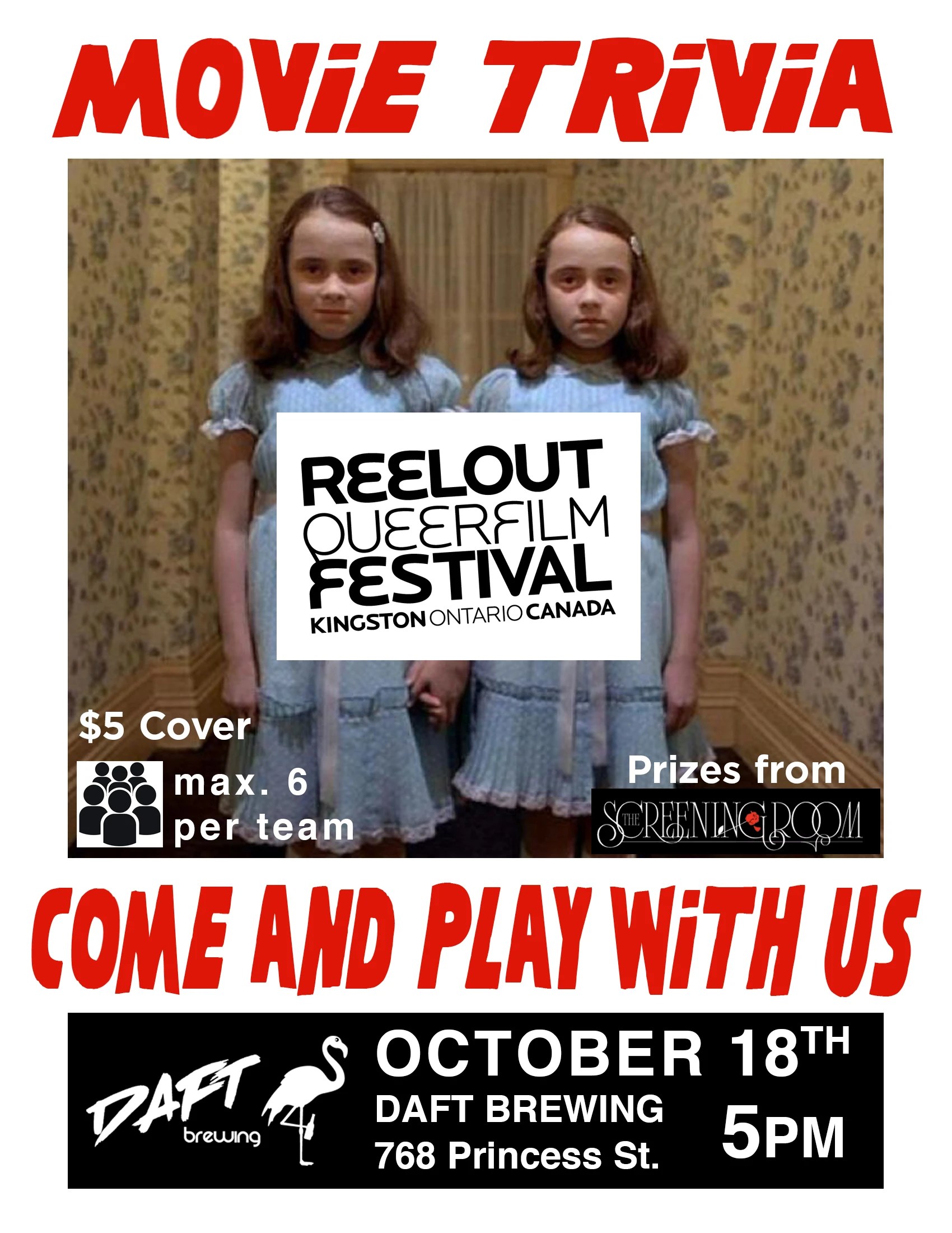 Reelout Queer Film Festival trivia night poster at Daft Brewing Kingston