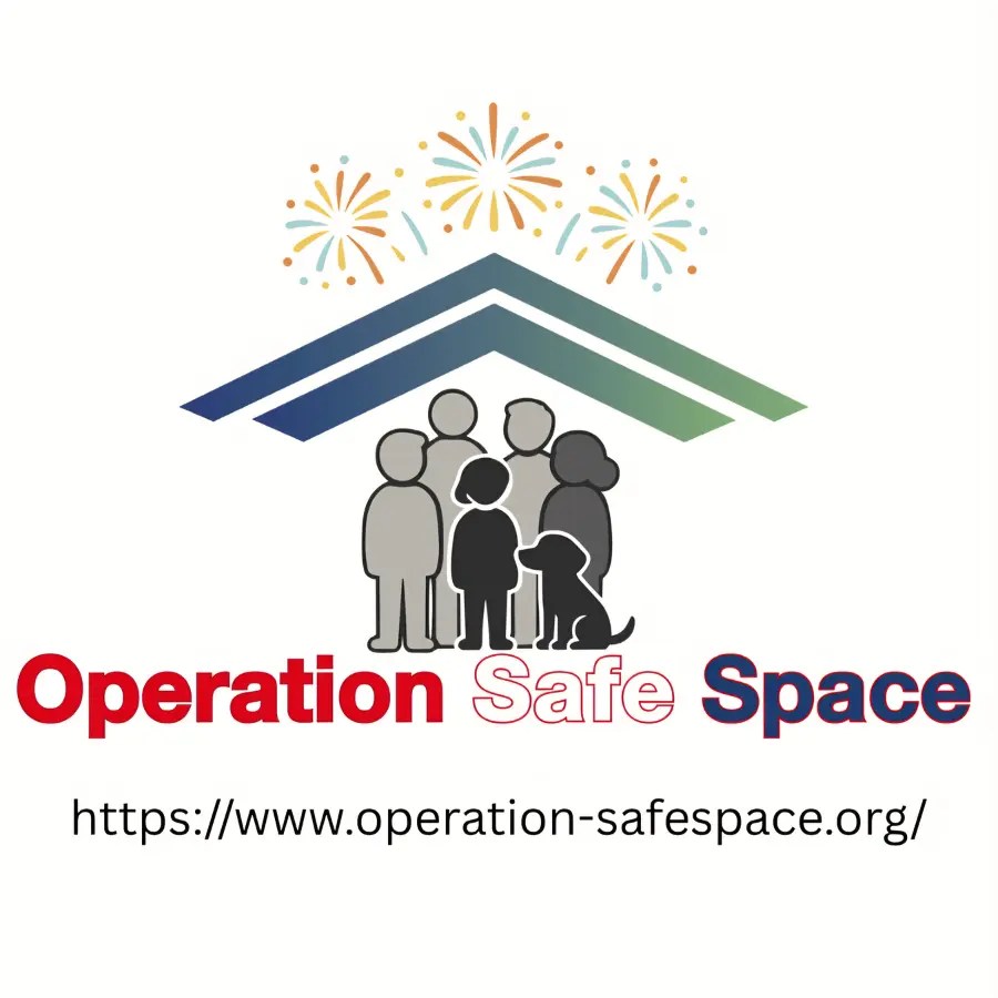 Logo for Operation Safe Space showing a group of people and a dog standing together under a stylized roof with colorful fireworks above, symbolizing protection and hope for Veterans and their families.