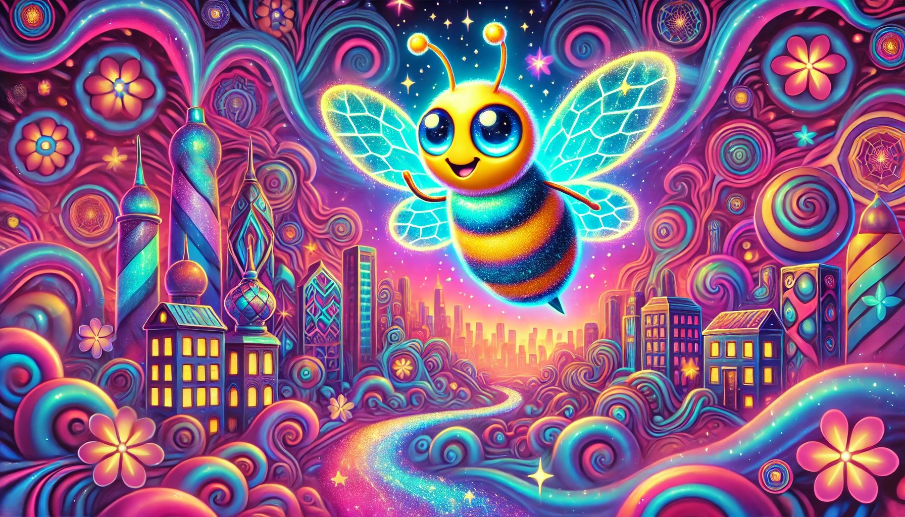 BuzzWell Cosmic Bee - Psychedelic Cityscape Background | Vibrant, Whimsical, Trippy Design for Wellness Brand