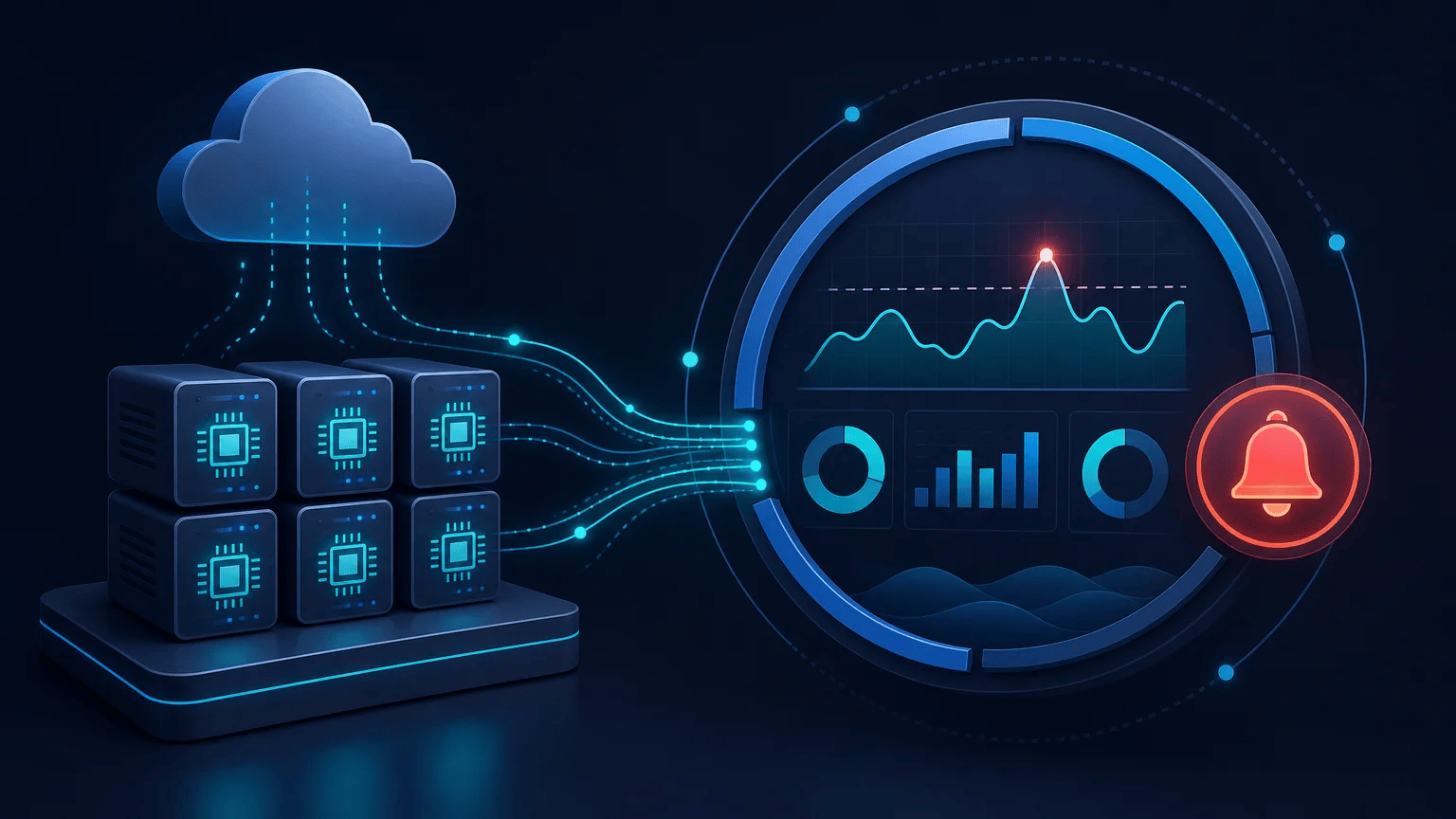 Cloud servers send CPU metrics to a monitoring dashboard with an active alarm indicator