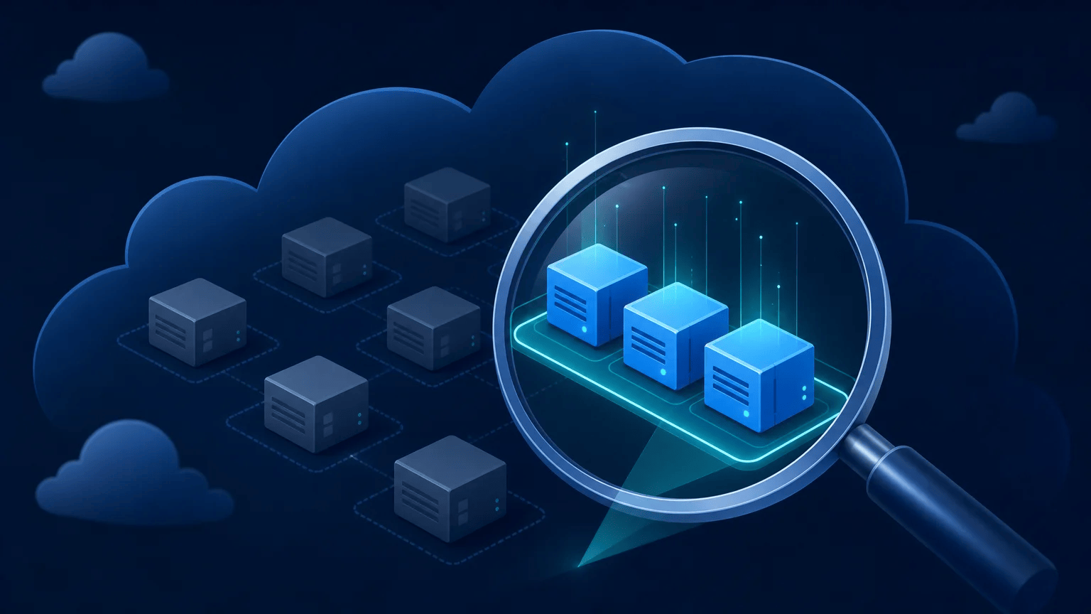 Abstract cloud infrastructure with highlighted running server instances under inspection