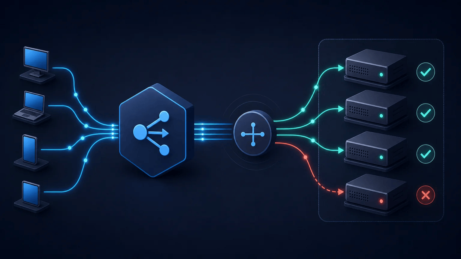 AWS CLI Elastic Load Balancer Commands: Inspect and Manage Targets Load balancer distributing traffic across backend servers with healthy and unhealthy target indicators