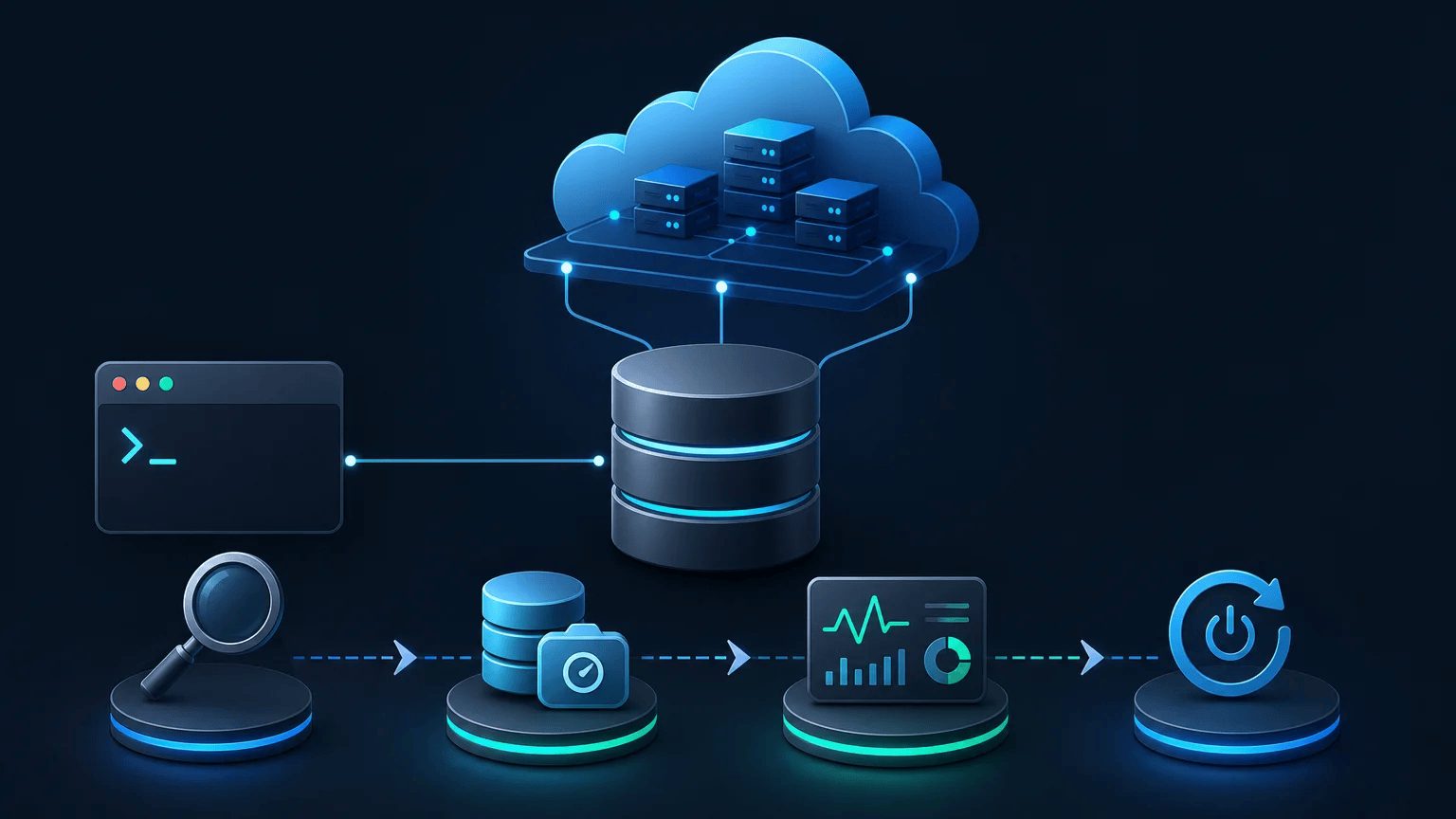 Cloud database connected to inspection, backup snapshot, monitoring, and reboot management stages
