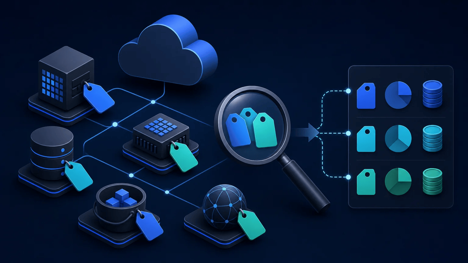 Cloud resources organized with colored tags and a search indicator for cost allocation
