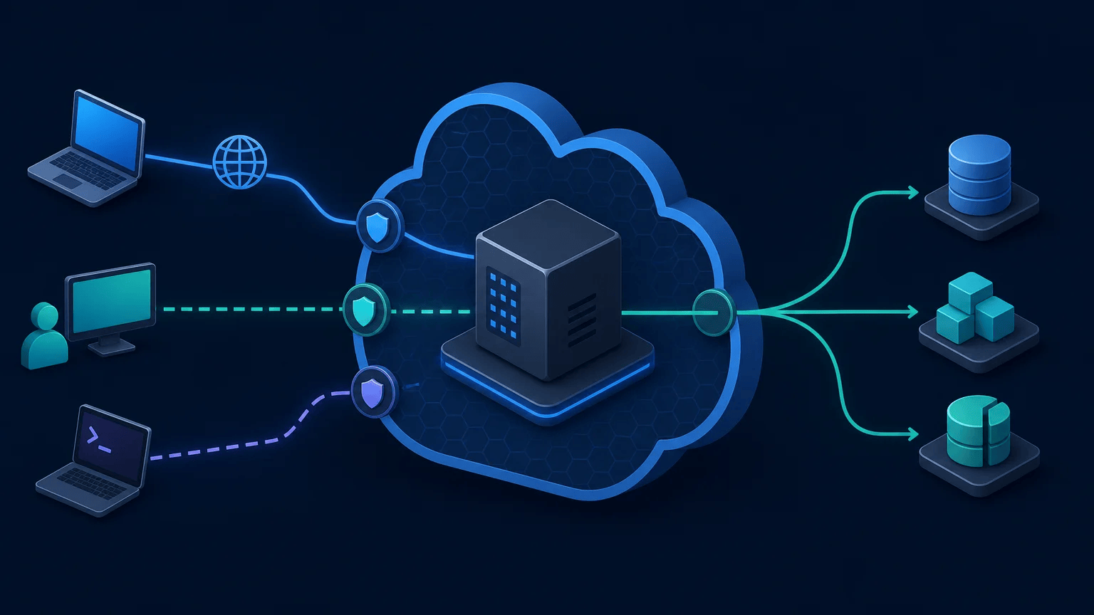 Cloud application server protected by inbound security rules for HTTPS, SSH, and private traffic
