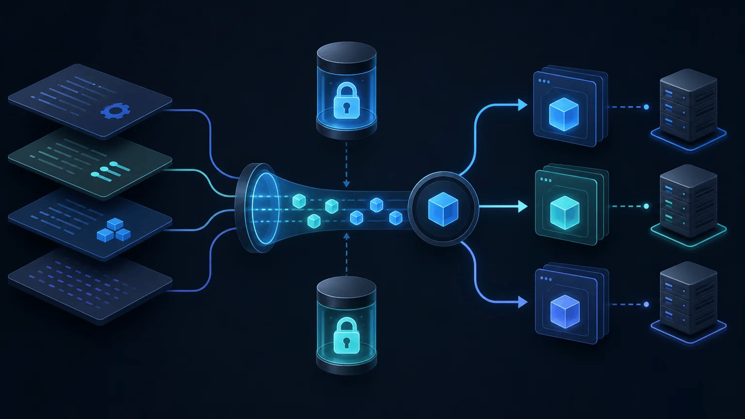Secure deployment pipeline showing environment variables flowing into application and server configuration.