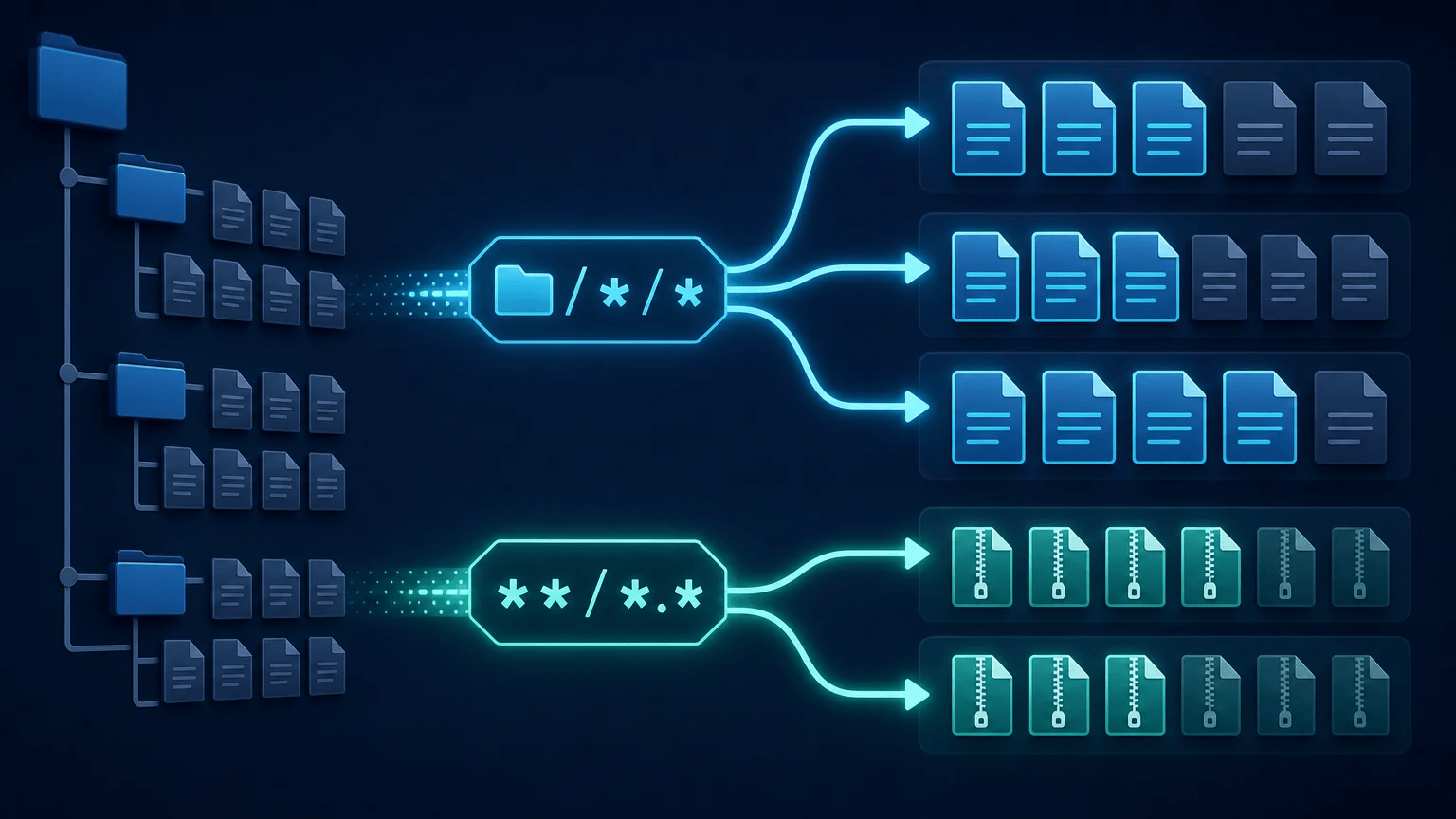 Wildcard paths grouping log and backup files for safe batch selection