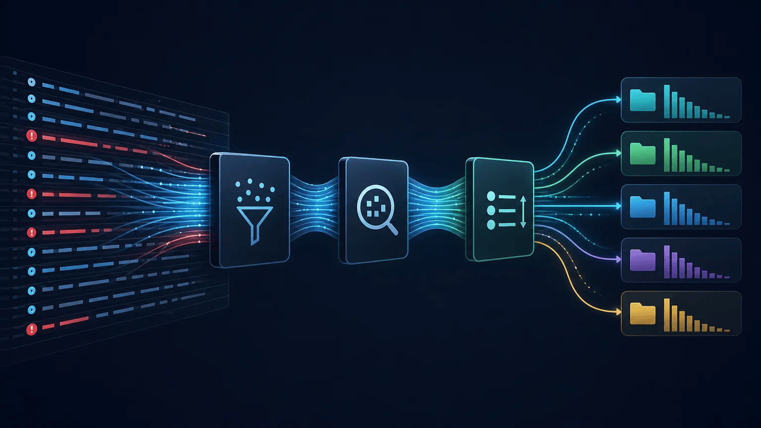 Abstract web server log records flowing through filters into grouped HTTP error counts
