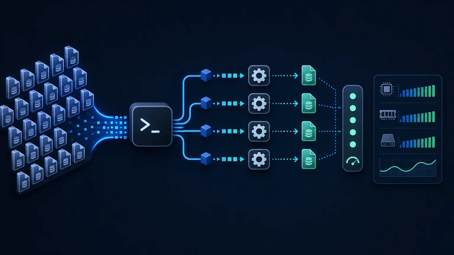Parallel Command Execution with Bash xargs Backup files flow through parallel worker lanes with controlled concurrency and balanced system load.