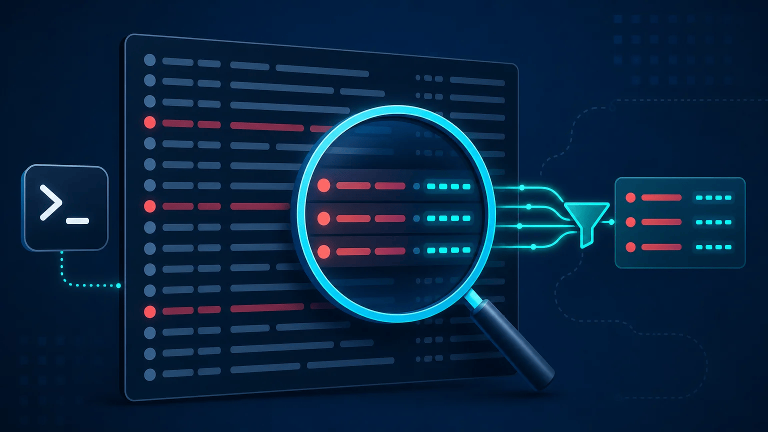 Magnifying glass highlighting matching errors and request identifiers in abstract application logs