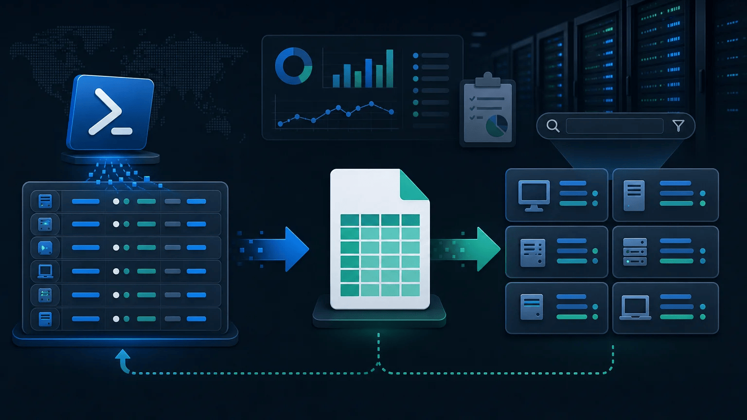 PowerShell objects flowing into a CSV file and back into organized system inventory records