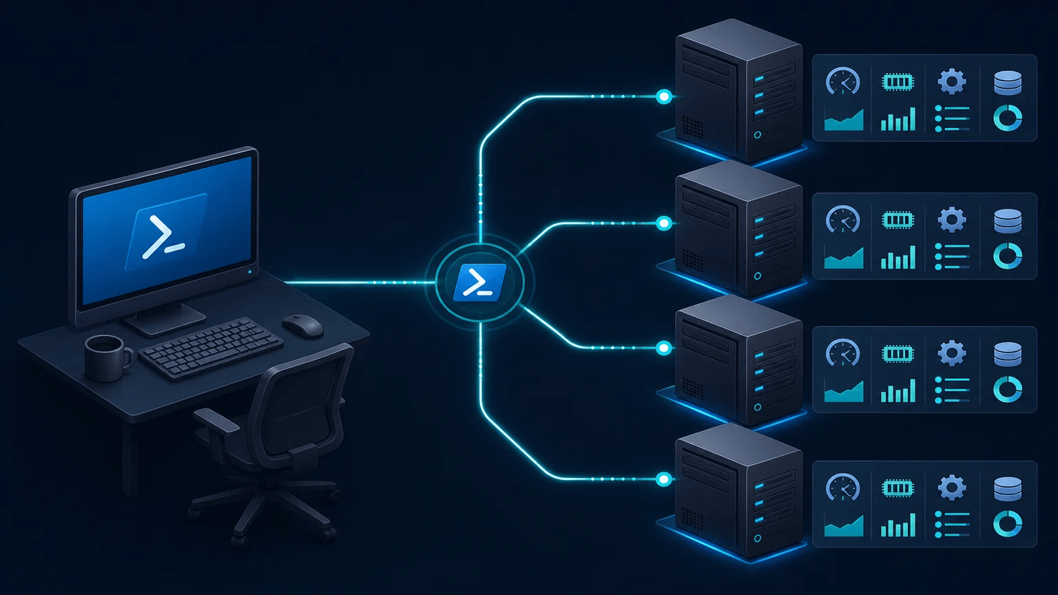 Administrative workstation remotely collecting health status from multiple connected Windows servers