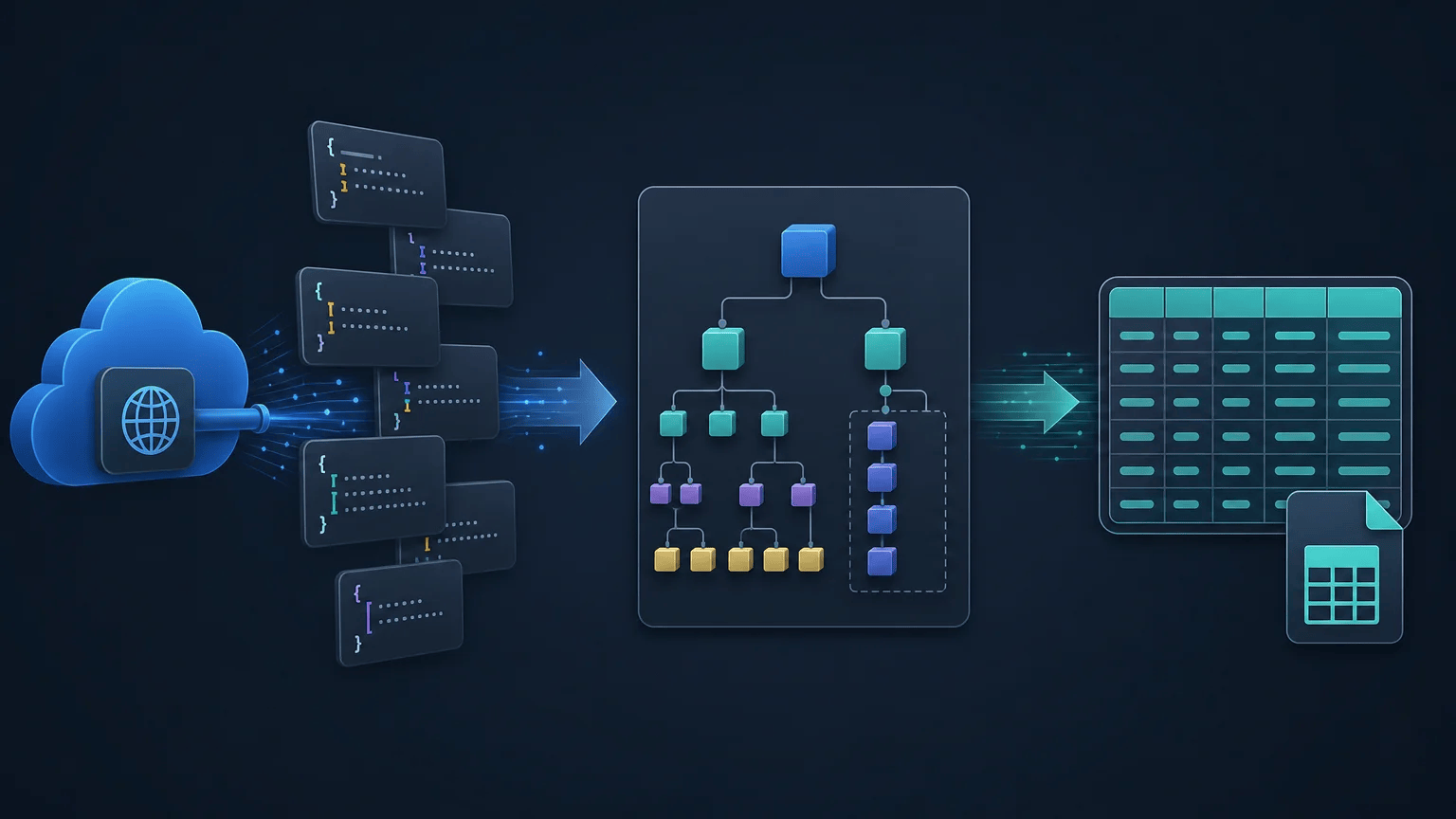 JSON API data flowing through nested objects into selected configuration values and a structured CSV export