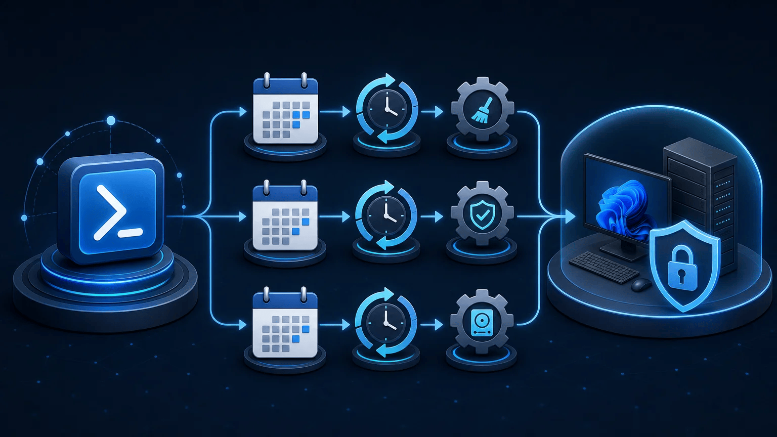PowerShell automation coordinating recurring Windows maintenance tasks through scheduled time cycles