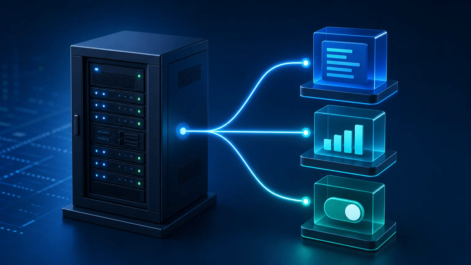 Server configuration represented by organized text, numeric, and Boolean data modules connected to a server.