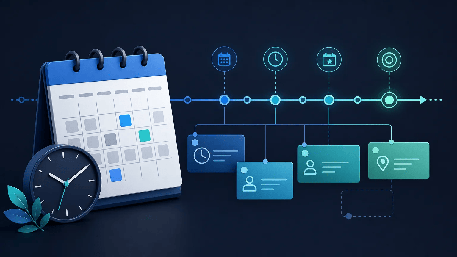 Working with Dates and Times in Python Calendar and clock connected by a timeline showing calculated due dates and scheduled appointments