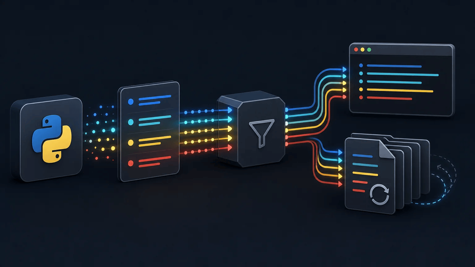 How to Use Python’s logging Module Python application events flowing through a logging pipeline to console and file outputs